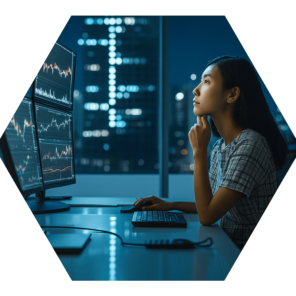 Colleagues collaborating in front of market data screens